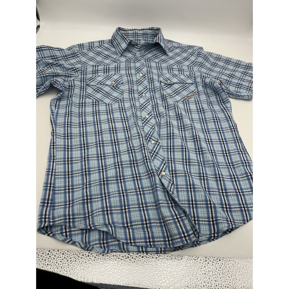 Wrangler Wrancher Western Shirt Mens M Blue Plaid Pearl Snap Short Sleeve